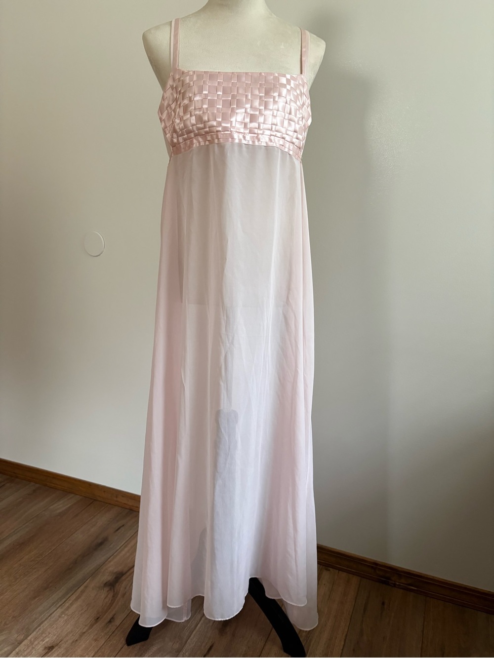 Vintage 70’s Alexis Pink Maxi Nightgown Basketweave Satin Sheer Overlay  XL